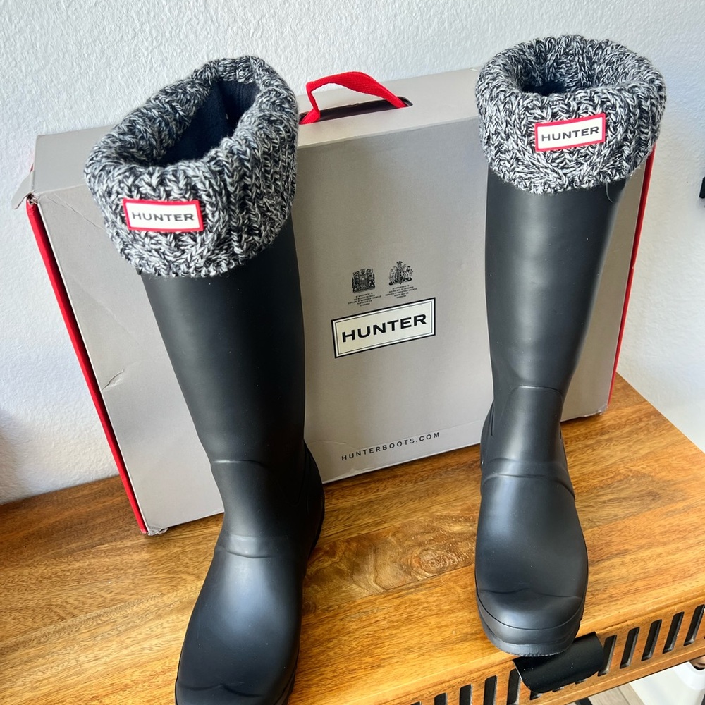 Hunter Matte Black Tall Rain Boots with Black-and-White Knit Cuff